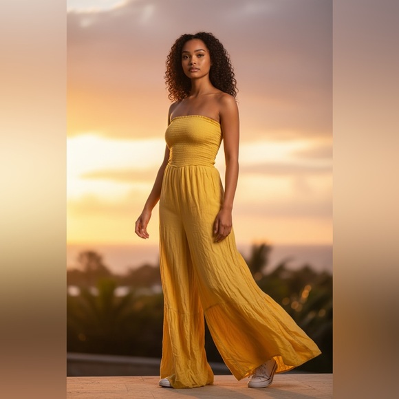 Fashion Nova Pants - Fashion Nova Yellow Strapless Jumpsuit
